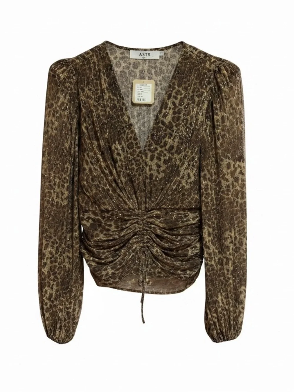 Astr Brown Leopard Print Ruched Long-Sleeve Blouse